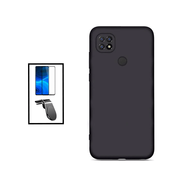 Kit Película de Vidro Temperado GorilasGlass + Capa Proteção Traseira Silicone + Suporte de Carro Magnético L para Xiaomi Redmi 10C - Preto