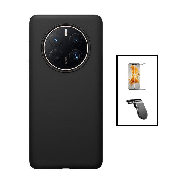 Kit Película de Vidro Temperado GorilasGlass Curvado + Capa Proteção Traseira Silicone + Suporte de Carro Magnético L para Huawei Mate 50 Pro - Preto