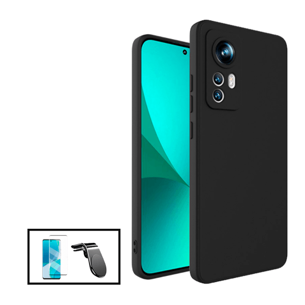 Kit Película de Vidro Temperado GorilasGlass + Capa Proteção Traseira Silicone + Suporte de Carro Magnético L para Xiaomi Redmi K50 Ultra - Preto