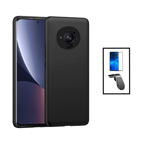 Kit Película de Vidro Temperado GorilasGlass Curvado + Capa Proteção Traseira Silicone + Suporte de Carro Magnético L para Xiaomi 12 Ultra - Preto