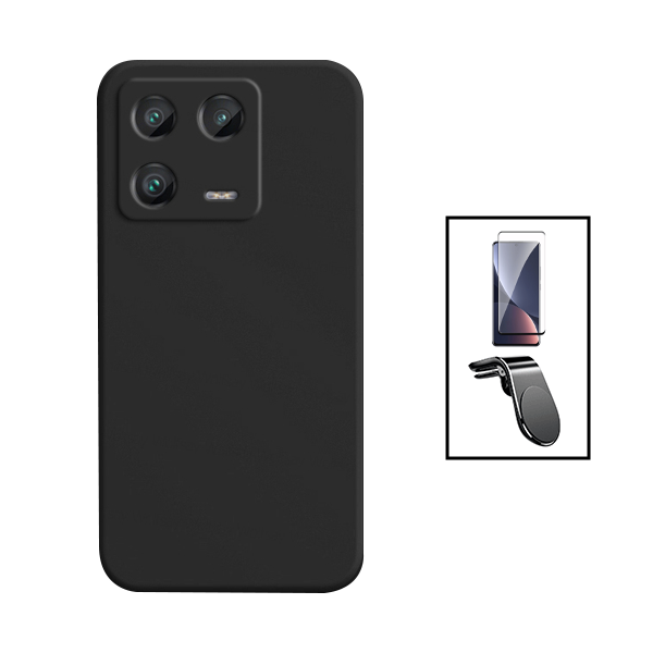 Kit Película de Vidro Temperado GorilasGlass Curvado + Capa Proteção Traseira Silicone + Suporte de Carro Magnético L para Xiaomi 13 Pro - Preto