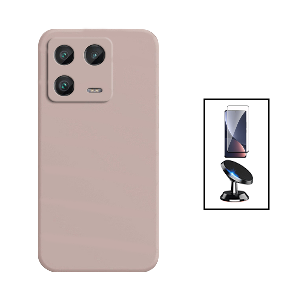Kit Película de Vidro Temperado GorilasGlass Curvado + Capa Proteção Traseira Silicone + Suporte Magnético para Xiaomi 13 Pro - Rosa