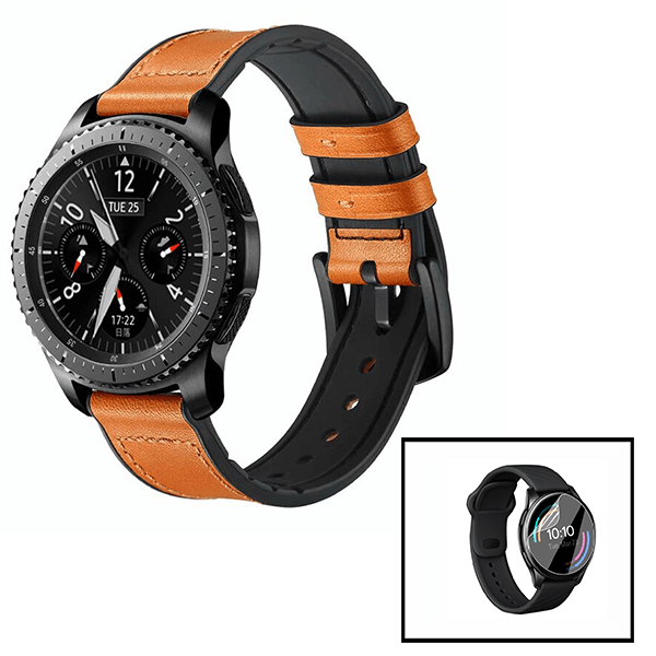 Kit Bracelete Couro e Silicone Premium + Película de Hydrogel para Huawei Watch GT 3 46mm Elite   - Castanho / Preto