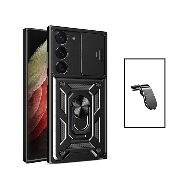 Kit Suporte de Carro Magnético L + Capa de Proteção Militar Magnética Janela Deslizante para Samsung Galaxy S23 - Preto