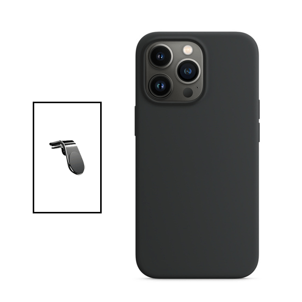 Kit Suporte de Carro Magnético L + Capa Proteção Traseira Silicone para Apple iPhone 14 Pro Max - Preto