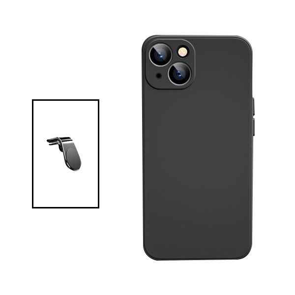 Kit Suporte de Carro Magnético L + Capa Proteção Traseira Silicone para Apple iPhone 14 - Preto