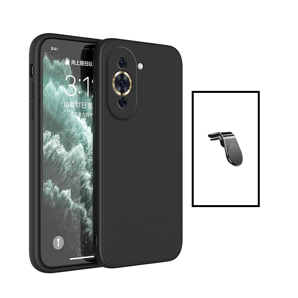 Kit Suporte de Carro Magnético L + Capa Proteção Traseira Silicone para Huawei Nova 10 Pro - Preto