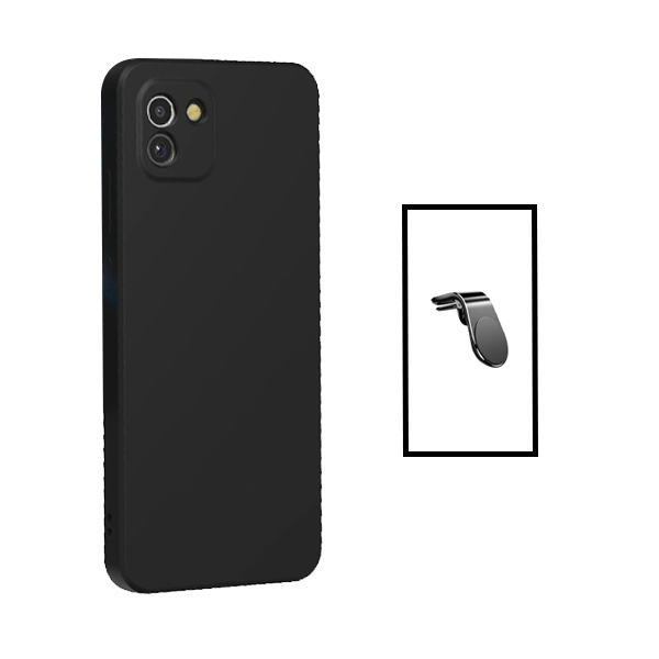 Kit Suporte de Carro Magnético L + Capa Proteção Traseira Silicone para Samsung Galaxy A03 - Preto