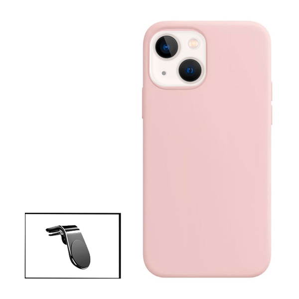 Kit Suporte de Carro Magnético L + Capa Proteção Traseira Silicone para Apple iPhone 14 Max - Rosa