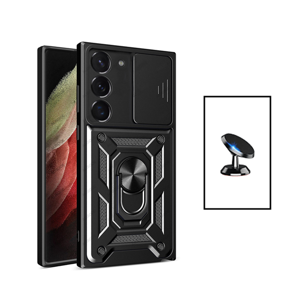 Kit Suporte Magnético + Capa de Proteção Militar Magnética Janela Deslizante para Samsung Galaxy S23 - Preto