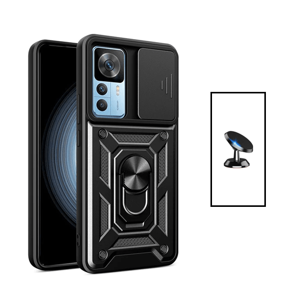 Kit Suporte Magnético + Capa de Proteção Militar Magnética Janela Deslizante para Xiaomi 12T Pro - Preto