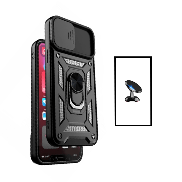 Kit Suporte Magnético + Capa de Proteção Militar Magnética Janela Deslizante para Xiaomi Redmi Note 10 Pro - Preto