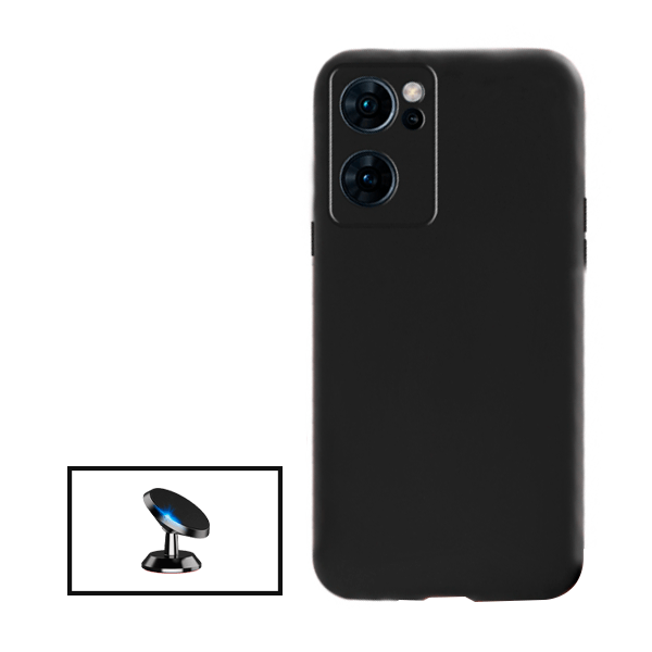 Kit Suporte Magnético + Capa Proteção Traseira Silicone para Oppo Reno7 SE 5G - Preto