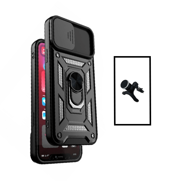 Kit Suporte Magnético Com Pernas + Capa de Proteção Militar Magnética Janela Deslizante para Xiaomi Redmi Note 10 Pro - Preto