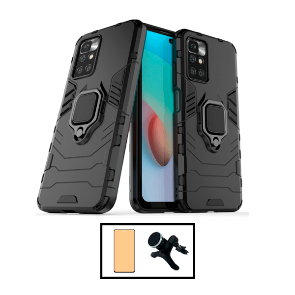 Kit Vidro Temperado Ceramica Full Cover + Capa de Proteção Militar Magnética + Suporte Magnético Com Pernas para Xiaomi Redmi 10 Prime 2022 - Preto