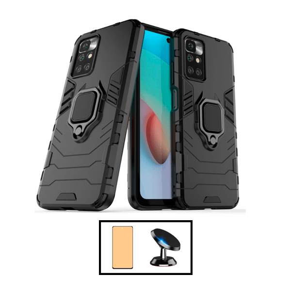 Kit Vidro Temperado Ceramica Full Cover + Capa de Proteção Militar Magnética + Suporte Magnético para Xiaomi Redmi 10 Prime 2022 - Preto