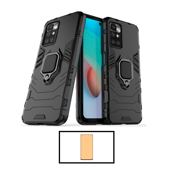 Kit Vidro Temperado Ceramica Full Cover + Capa de Proteção Militar Magnética para Xiaomi Redmi 10 Prime 2022 - Preto