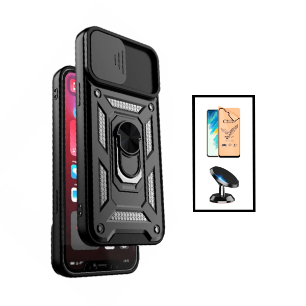 Kit Vidro Temperado Ceramica Full Cover + Capa de Proteção Militar Magnética Janela Deslizante + Suporte Magnético para Xiaomi Redmi Note 10 Pro - Preto