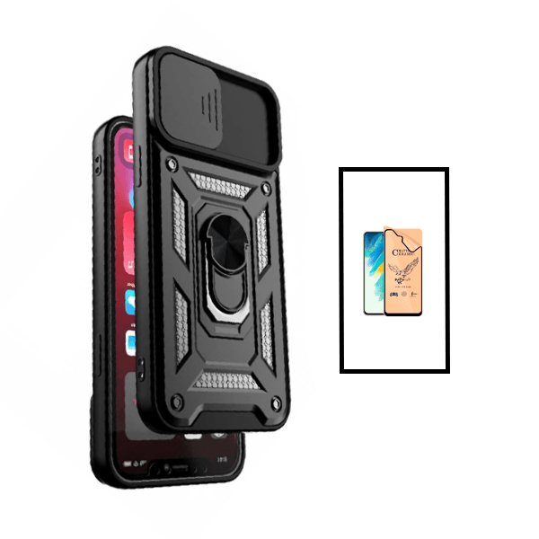 Kit Vidro Temperado Ceramica Full Cover + Capa de Proteção Militar Magnética Janela Deslizante para Xiaomi Redmi Note 10 Pro - Preto