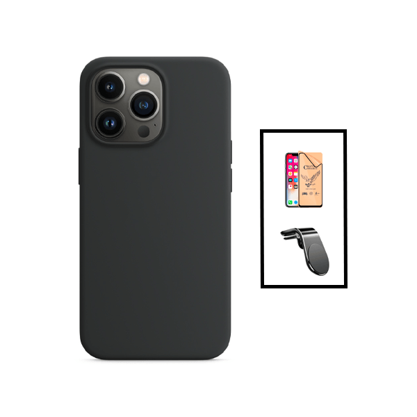 Kit Vidro Temperado Ceramica Full Cover + Capa Silicone Líquido + Suporte de Carro Magnético L para Apple iPhone 14 - Preto