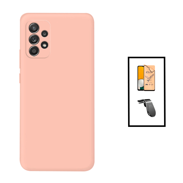 Kit Vidro Temperado Ceramica Full Cover + Capa Silicone Líquido + Suporte de Carro Magnético L para Samsung Galaxy A23 5G - Rosa