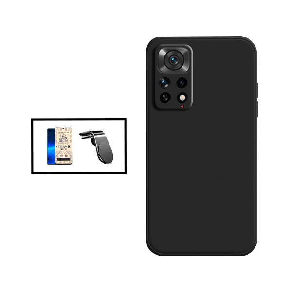 Kit Vidro Temperado Ceramica Full Cover + Capa Silicone Líquido + Suporte de Carro Magnético L para Xiaomi Redmi Note 11S 5G - Preto
