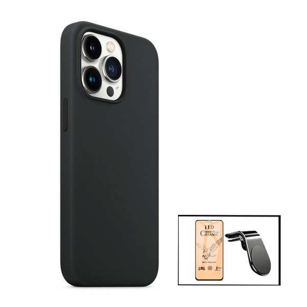 Kit Vidro Temperado Ceramica Full Cover + Capa Proteção Traseira Silicone + Suporte de Carro Magnético L para iPhone 13