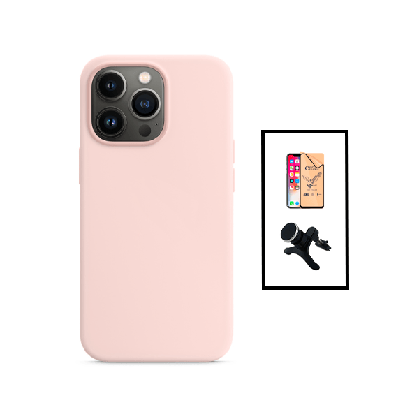 Kit Vidro Temperado Ceramica Full Cover + Capa Silicone Líquido + Suporte Magnético Com Pernas para Apple iPhone 14 - Rosa