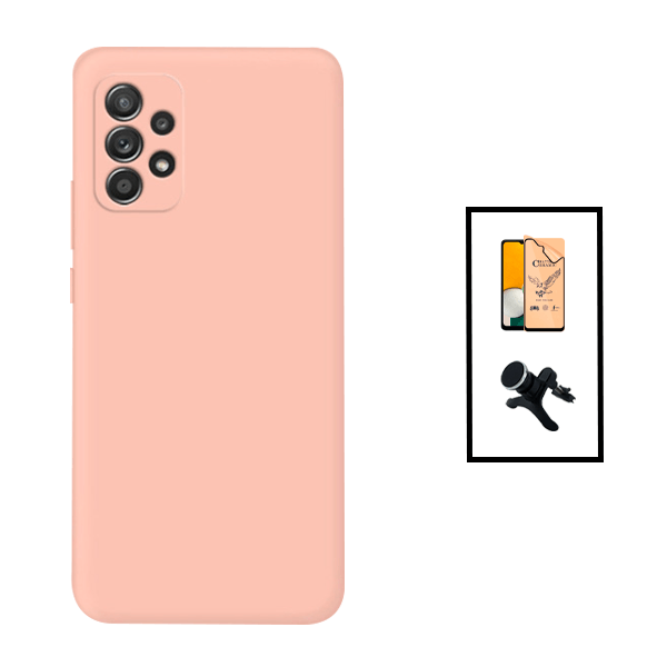Kit Vidro Temperado Ceramica Full Cover + Capa Silicone Líquido + Suporte Magnético Com Pernas para Samsung Galaxy A23 5G - Rosa