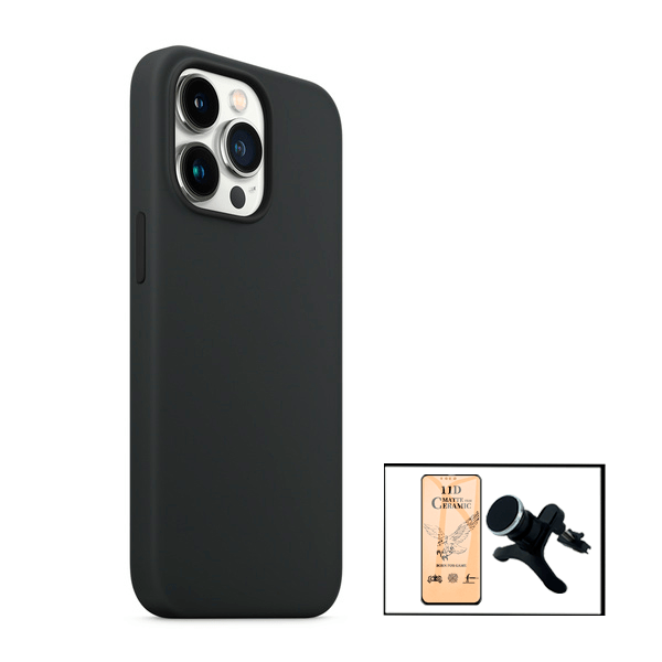 Kit Vidro Temperado Ceramica Full Cover + Capa Proteção Traseira Silicone + Suporte Magnético Com Pernas para iPhone 13