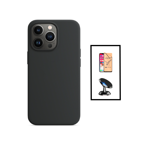 Kit Vidro Temperado Ceramica Full Cover + Capa Silicone Líquido + Suporte Magnético para Apple iPhone 14 - Preto