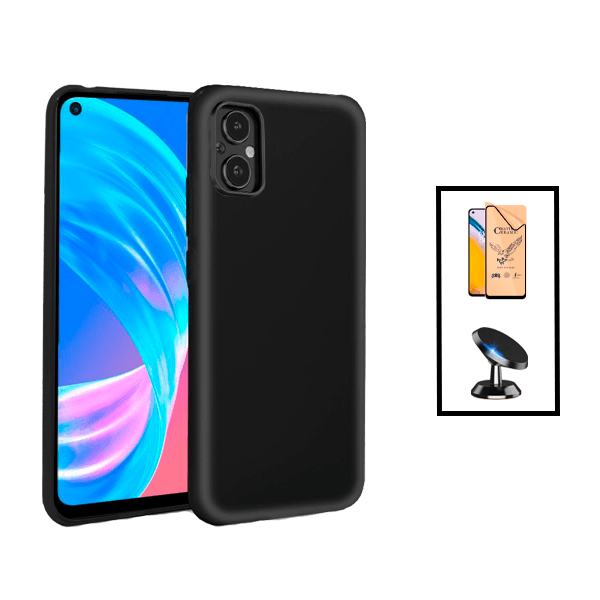 Kit Vidro Temperado Ceramica Full Cover + Capa Silicone Líquido + Suporte Magnético para Oppo Reno8 Lite - Preto
