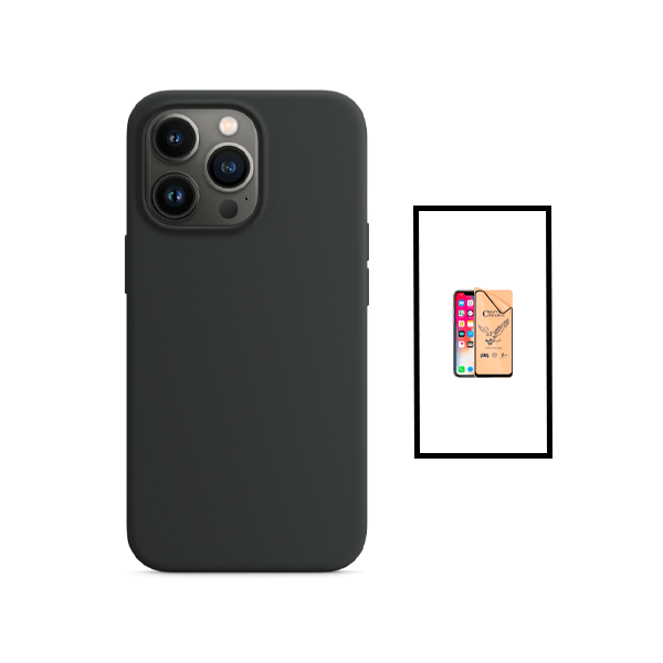 Kit Vidro Temperado Ceramica Full Cover + Capa Proteção Traseira Silicone para Apple iPhone 14 - Preto