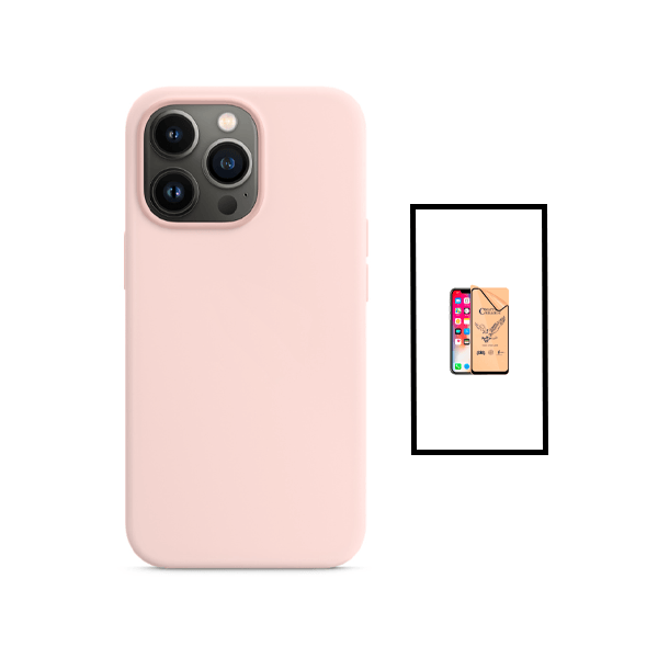 Kit Vidro Temperado Ceramica Full Cover + Capa Proteção Traseira Silicone para Apple iPhone 14 - Rosa