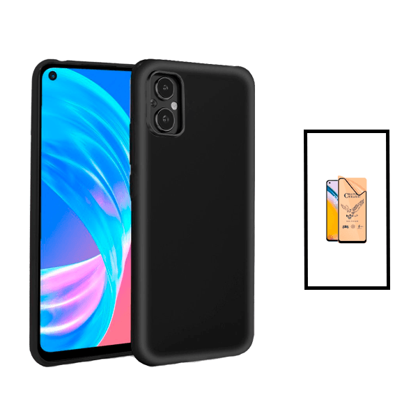 Kit Vidro Temperado Ceramica Full Cover + Capa Proteção Traseira Silicone para Oppo Reno8 Lite - Preto