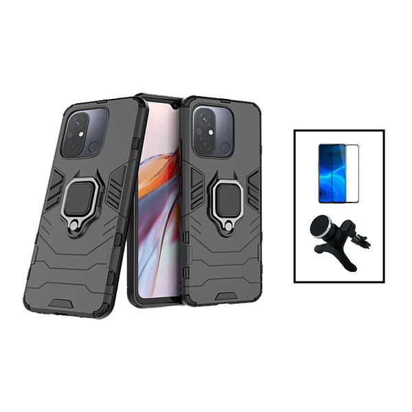 Kit Película de Vidro Temperado GorilasGlass + Capa de Proteção Militar Magnética + Suporte Magnético Com Pernas para Xiaomi Redmi 12C - Preto