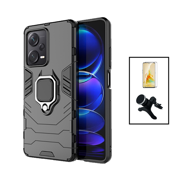Kit Película de Vidro Temperado GorilasGlass + Capa de Proteção Militar Magnética + Suporte Magnético Com Pernas para Xiaomi Redmi Note 12 - Preto