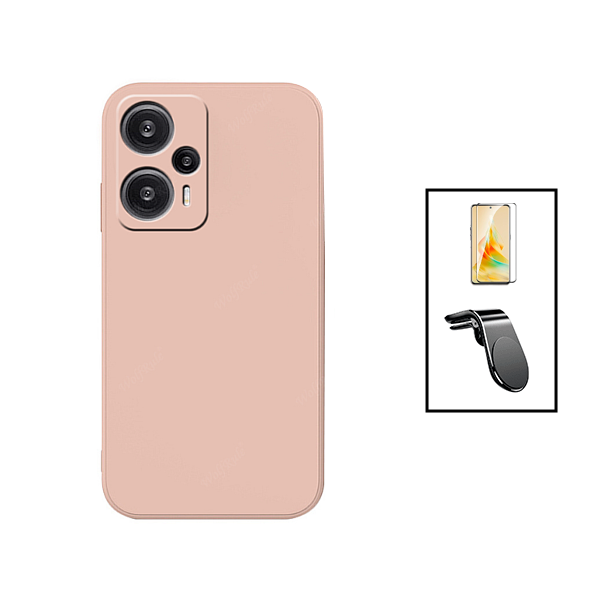 Kit Película de Vidro Temperado GorilasGlass + Capa Proteção Traseira Silicone + Suporte de Carro Magnético L para Xiaomi Poco F5 - Rosa