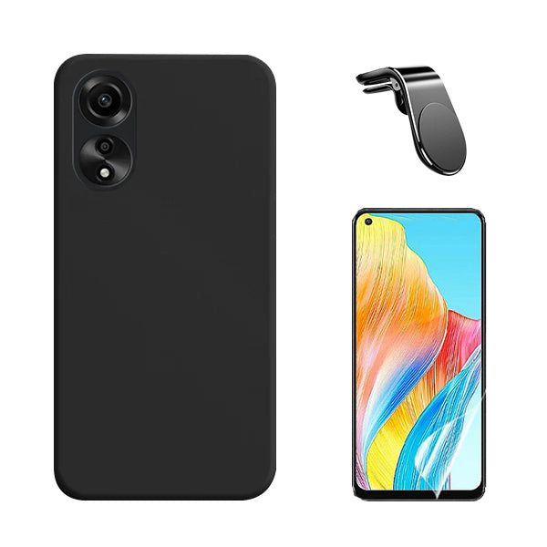Kit Película Protectora de Hydrogel Frente + Capa Proteção Traseira Silicone + Suporte de Carro Magnético L GIFT4ME para Oppo A78 4G - Preto