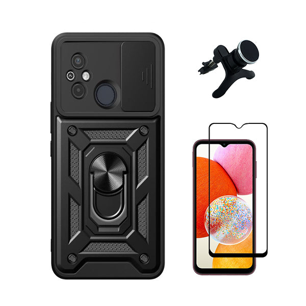Kit Película de Vidro Temperado GorilasGlass + Capa de Proteção Militar Magnética Janela Deslizante + Suporte Magnético Com Pernas Phonecare para Xiaomi Redmi 11A - Preto