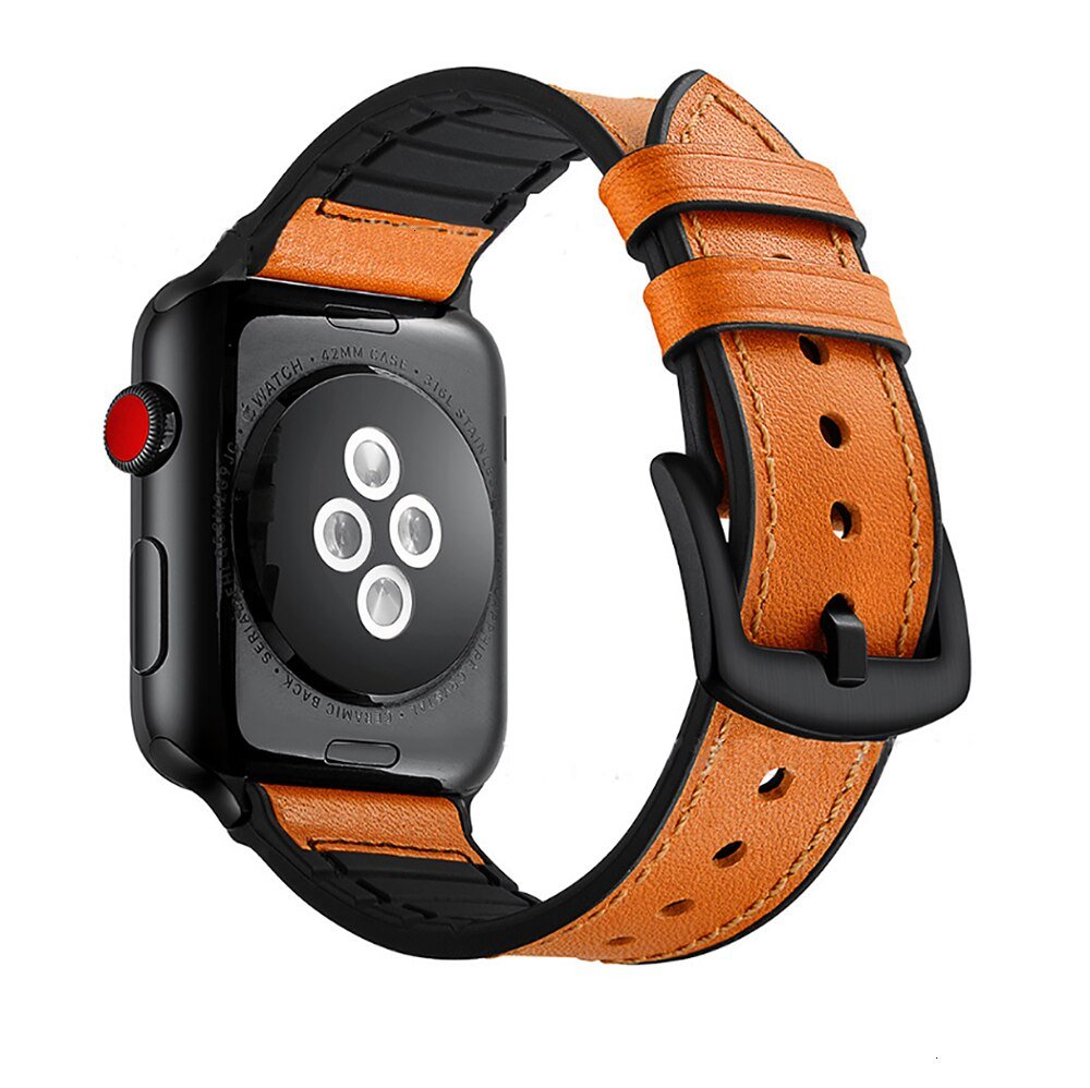 Bracelete Couro e Silicone Premium para Apple Watch Series 8 Aluminum - 41mm - Castanho / Preto