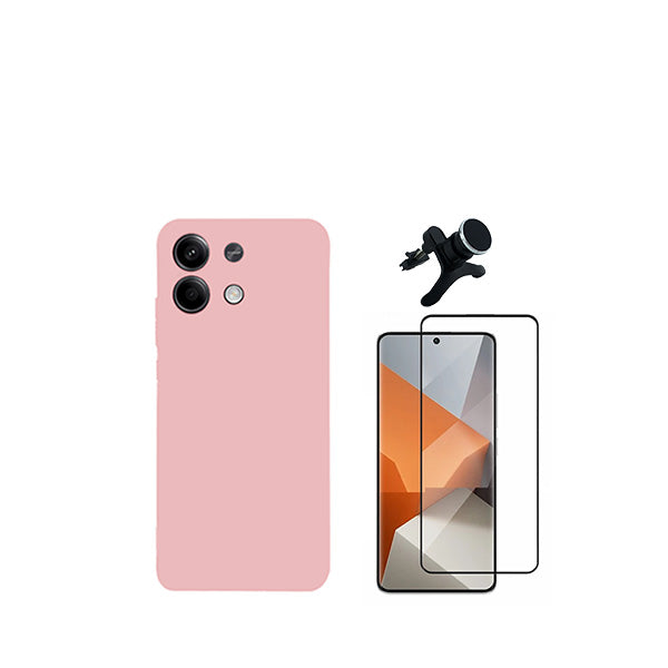 Kit Película de Vidro Temperado GorilasGlass + Capa Proteção Traseira Silicone + Suporte Magnético Com Pernas GIFT4ME para Xiaomi Redmi Note 13 - Rosa