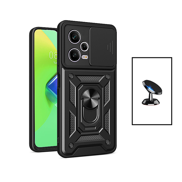 Kit Suporte Magnético Com Pernas + Capa de Proteção Militar Magnética Janela Deslizante para Xiaomi Redmi Note 12 - Preto