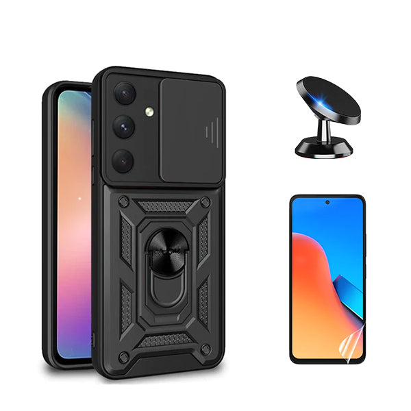 Kit Película Protectora de Hydrogel Frente + Capa de Proteção Militar Magnética Janela Deslizante + Suporte Magnético GIFT4ME para Samsung Galaxy S23 FE - Preto