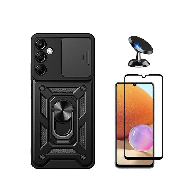 Kit Película de Vidro Temperado GorilasGlass + Capa de Proteção Militar Magnética Janela Deslizante + Suporte Magnético GIFT4ME para Samsung Galaxy A15 5G - Preto