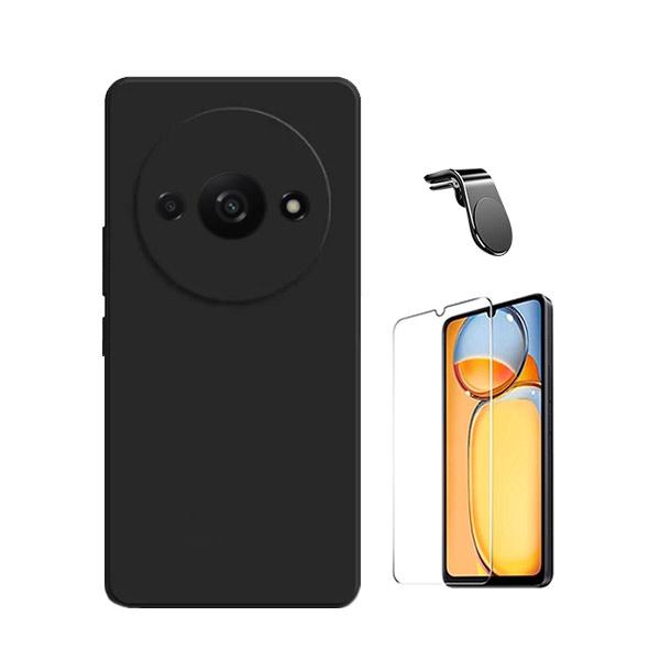 Kit Vidro Temperado ClearGOrilasGlass + Capa Proteção Traseira Silicone + Suporte de Carro Magnético L GIFT4ME para Xiaomi Redmi A3 - Preto