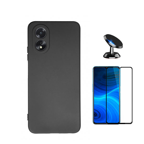 Kit Película de Vidro Temperado GorilasGlass + Capa Proteção Traseira Silicone + Suporte Magnético Phonecare para Oppo A38 4G - Preto