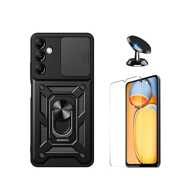 Kit Vidro Temperado ClearGorilasGlass + Capa de Proteção Militar Magnética Janela Deslizante + Suporte Magnético GIFT4ME para Samsung Galaxy A15 - Preto