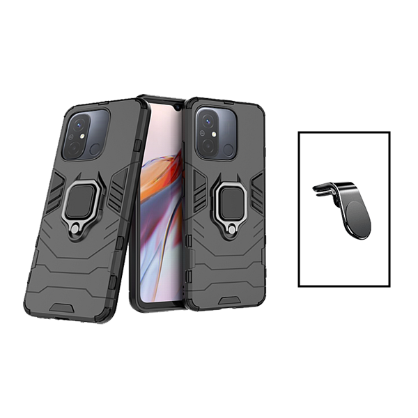 Kit Suporte de Carro Magnético L + Capa de Proteção Militar Magnética para Xiaomi Redmi 12C - Preto