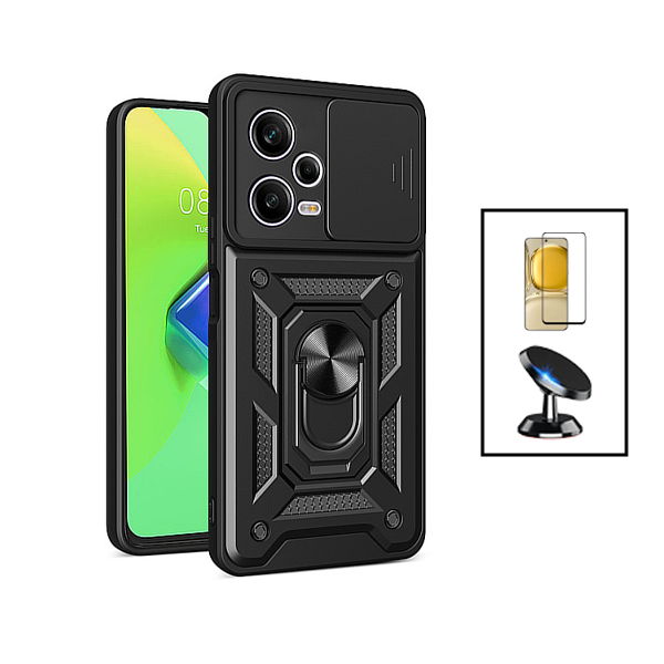 Kit Película de Vidro Temperado GorilasGlass + Capa de Proteção Militar Magnética Janela Deslizante + Suporte Magnético para Xiaomi Redmi Note 12 - Preto